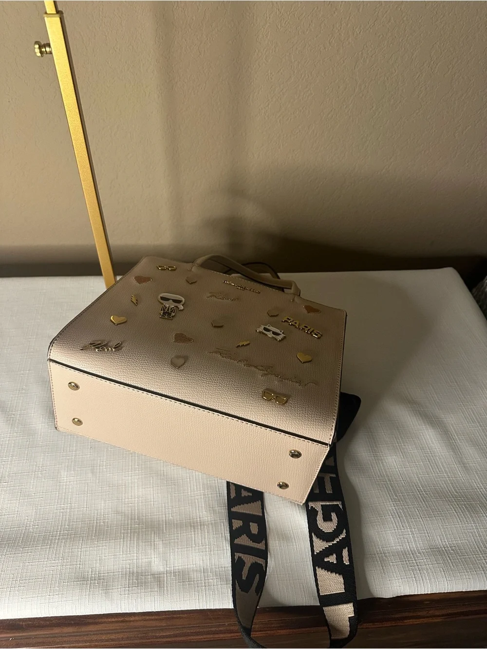 Karl Lagerfeld Beige Satchel with Logo Strap and Gold Accents NWT